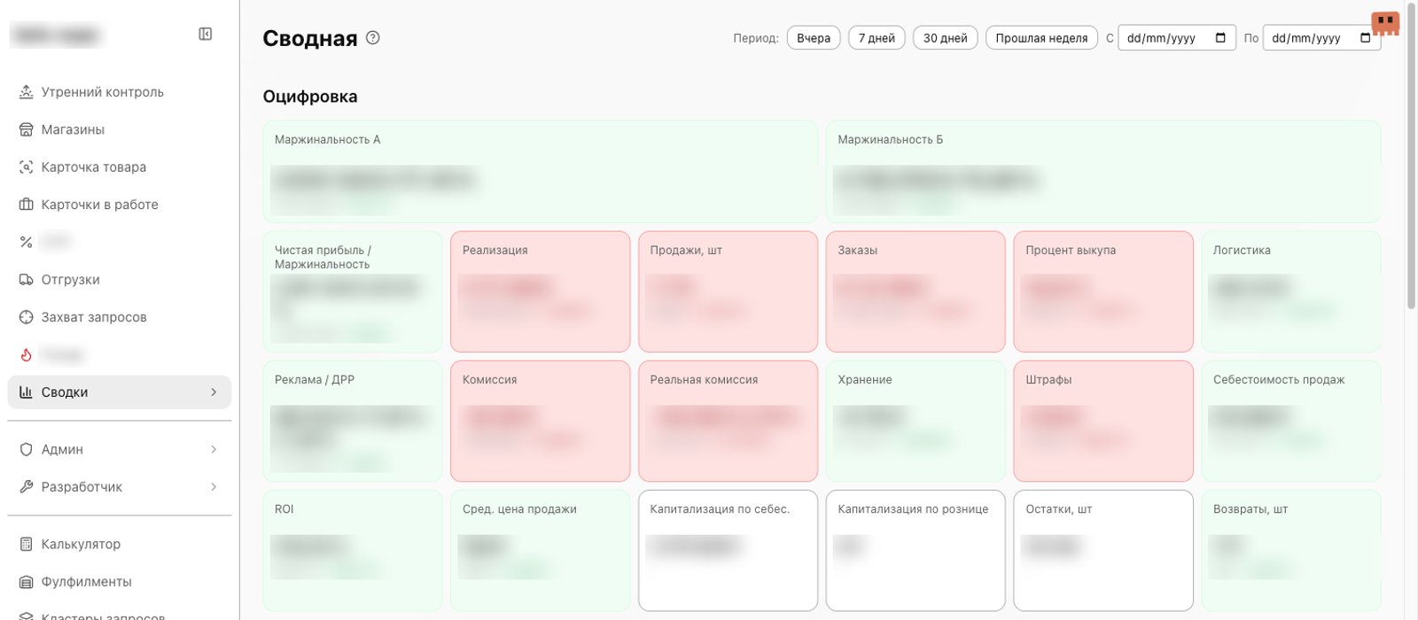 Сводная P&L по магазинам, данные клиента размыты